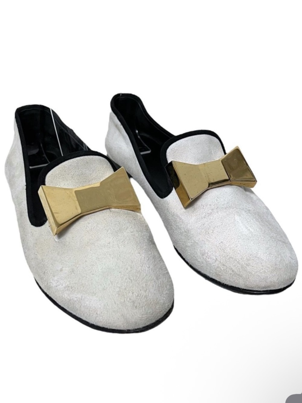 GIUSEPPE ZANOTTI White Suede Leather Gold Metal Bow Loafers 36.5